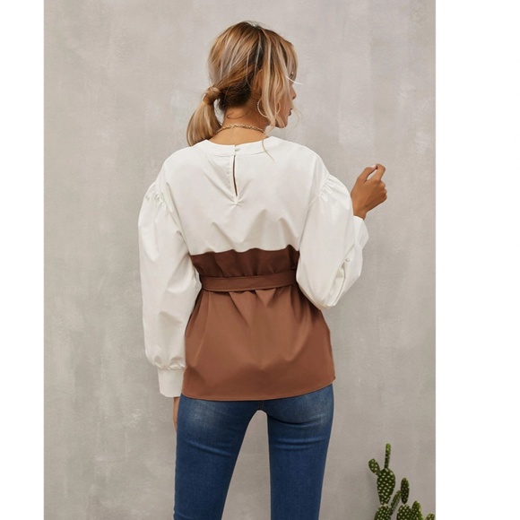 Layered Faux Belted Corset White Shirt Brown Detail Long Bishop Sleeves - Picture 3 of 8